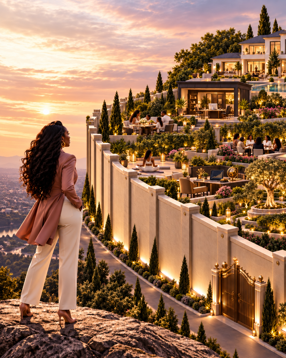 A woman looking toward a fortress protecting a home, business, family, finances, wellbeing, nonprofit, and legacy.